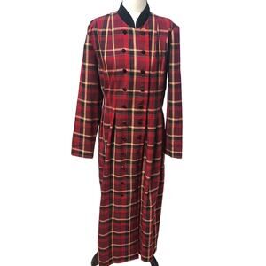 MHM Vintage Long Red Black Plaid Maxi Double Breasted Homestead Button Dress